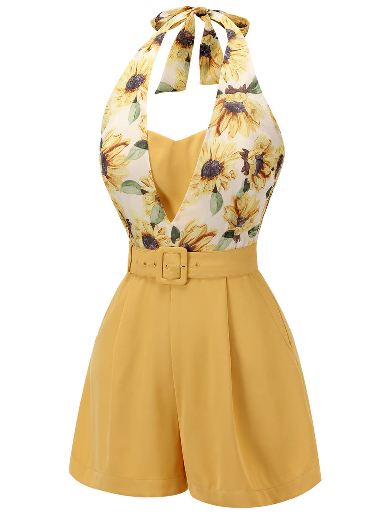 2PCS 1950s Yellow Sunflower & Green Floral Halter Romper - vintage jumpsuit, retro fashion