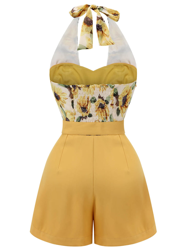 2PCS 1950s Yellow Sunflower & Green Floral Halter Romper - vintage jumpsuit, retro fashion