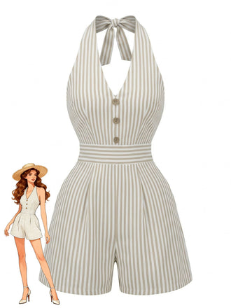Beige 1950s Fitted Waist Halter Striped Vacation Romper - vintage jumpsuit, retro fashion