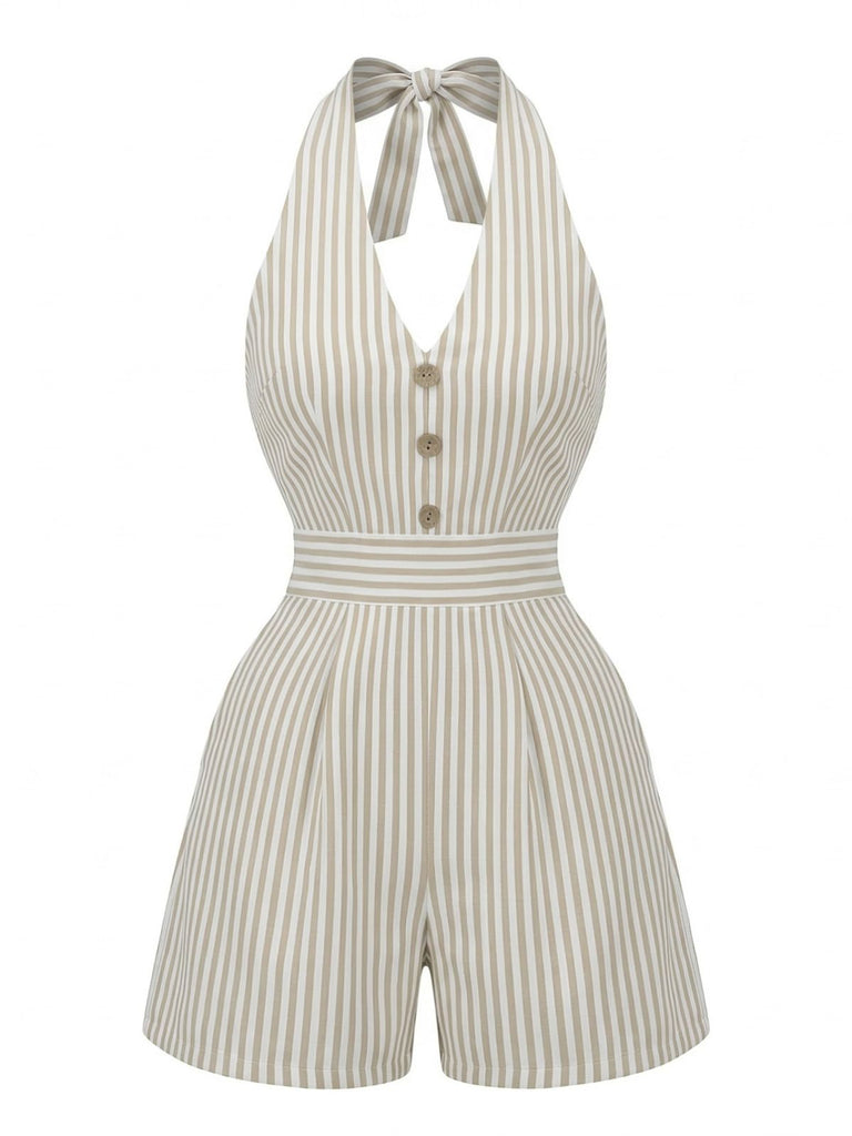 Beige 1950s Fitted Waist Halter Striped Vacation Romper - vintage jumpsuit, retro fashion