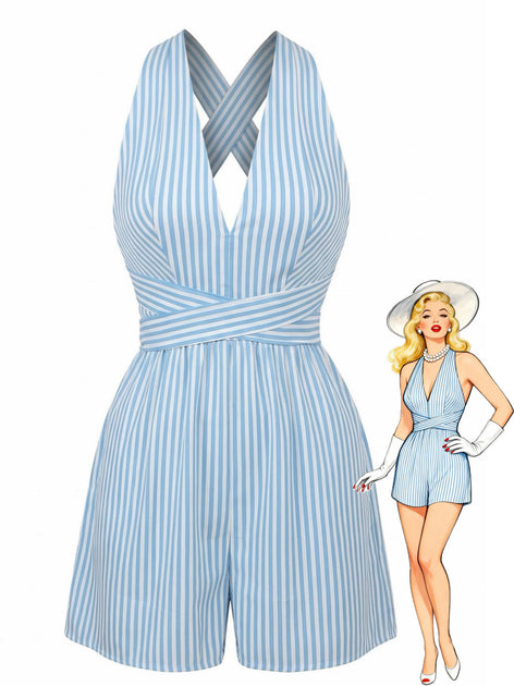 Blue 1950s Striped V-Neck Sleeveless Crisscross Belted Romper | Retro Stage