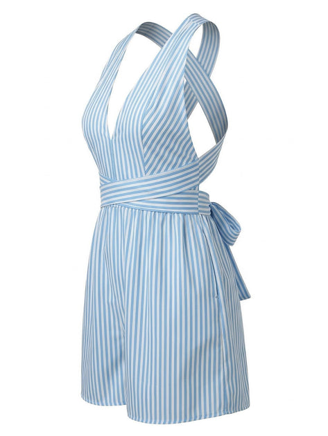 Blue 1950s Striped V-Neck Sleeveless Crisscross Belted Romper | Retro Stage