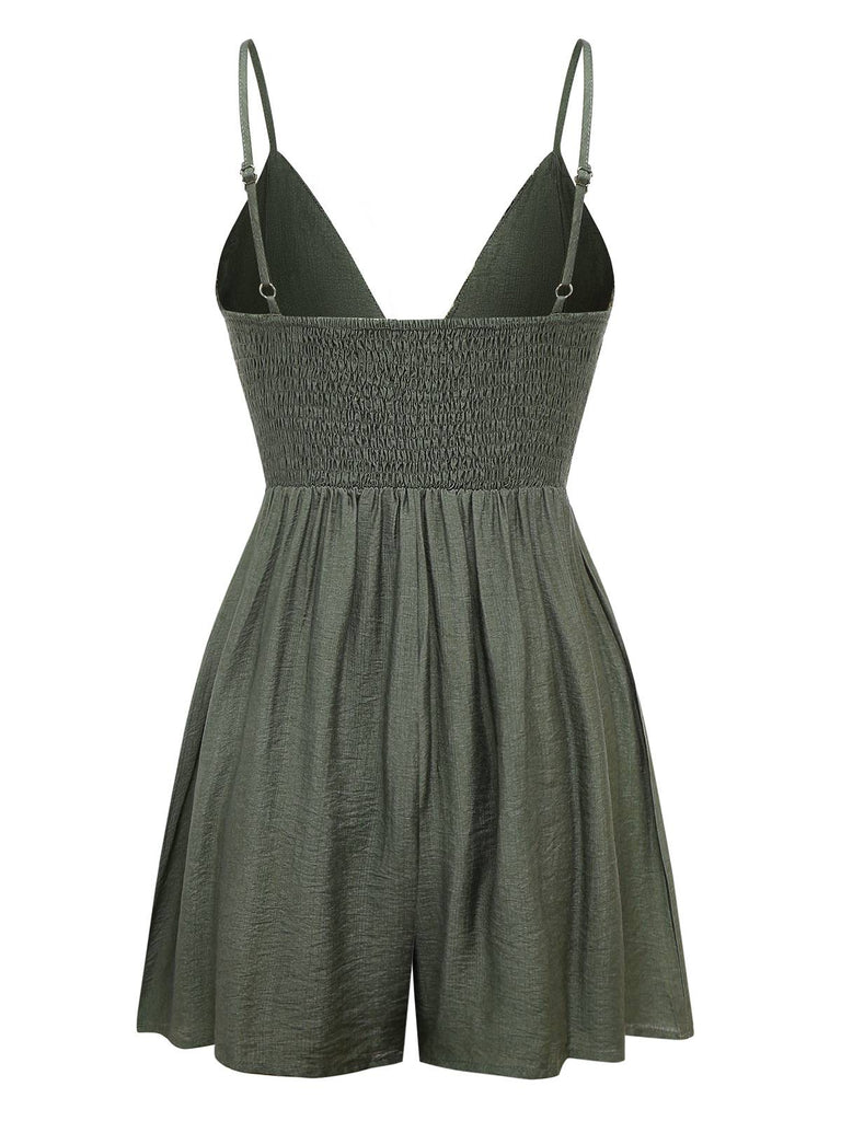 Dark Green 1950s Embroidery Patchwork Smocked Romper - vintage jumpsuit, retro fashion