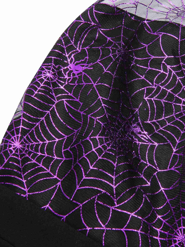 2PCS Black & Purple 1950s Spiderweb Mesh Romper & Skirt Cover-Up - vintage skirt, retro style, classic black