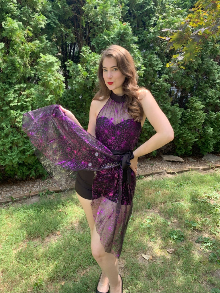 2PCS Black & Purple 1950s Spiderweb Mesh Romper & Skirt Cover-Up - vintage skirt, retro style, classic black