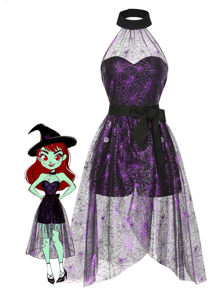 2PCS Black & Purple 1950s Spiderweb Mesh Romper & Skirt Cover-Up - vintage skirt, retro style, classic black