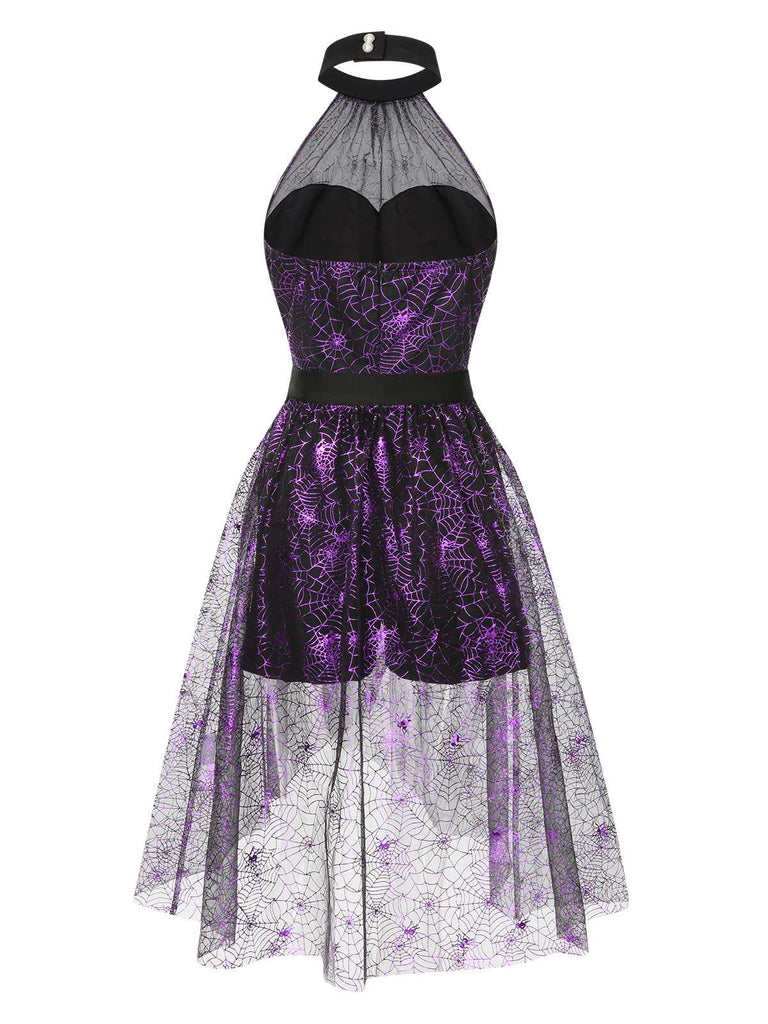 2PCS Black & Purple 1950s Spiderweb Mesh Romper & Skirt Cover-Up - vintage skirt, retro style, classic black