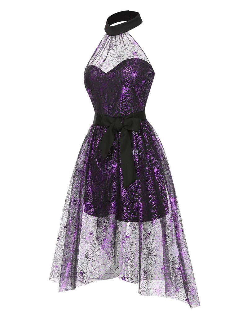 2PCS Black & Purple 1950s Spiderweb Mesh Romper & Skirt Cover-Up - vintage skirt, retro style, classic black