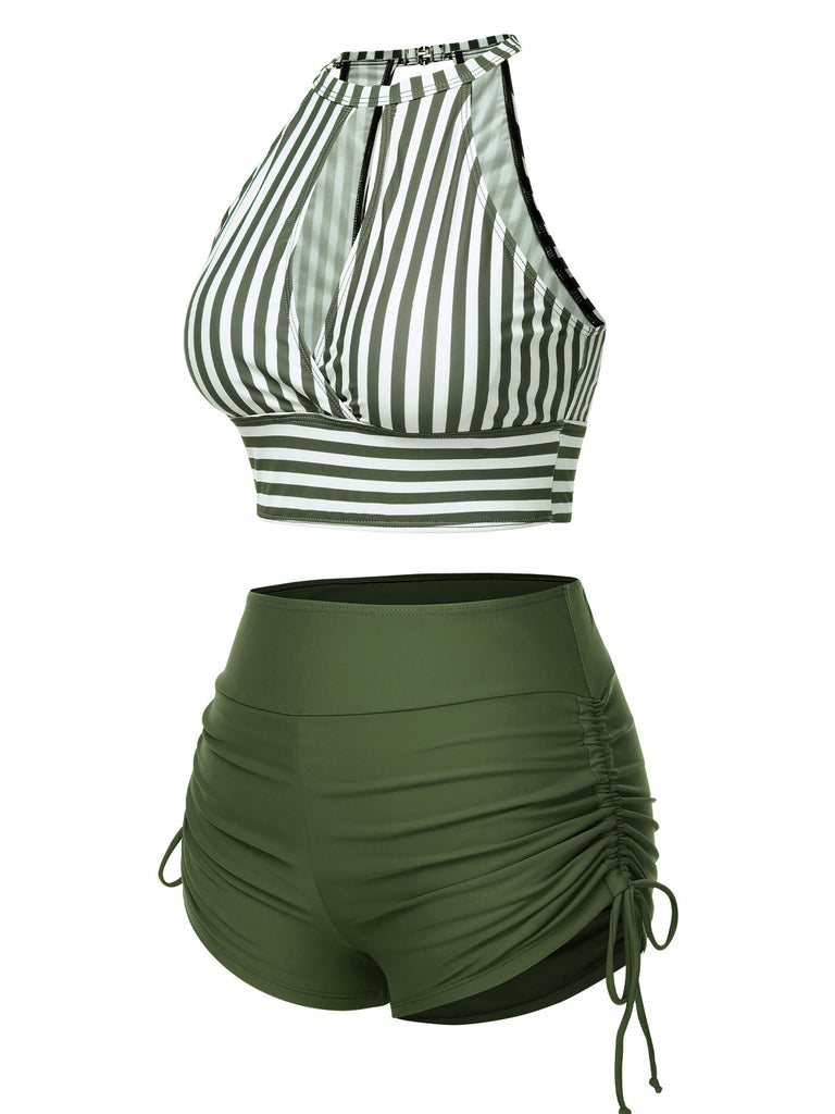 1950s Round Neck Halter Hollow Striped Swimsuit - vintage swimwear, retro beach style for women