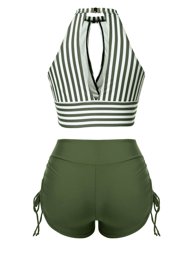 1950s Round Neck Halter Hollow Striped Swimsuit - vintage swimwear, retro beach style for women