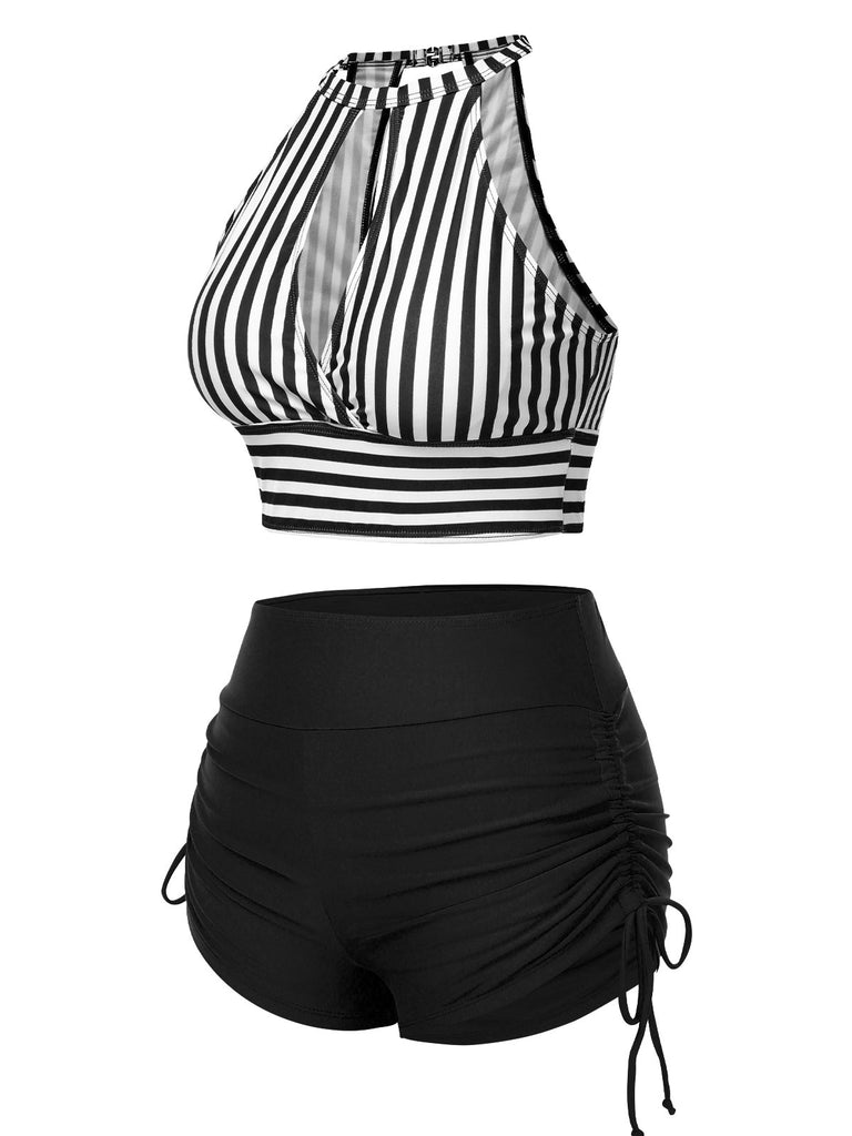 1950s Round Neck Halter Hollow Striped Swimsuit - vintage swimwear, retro beach style for women