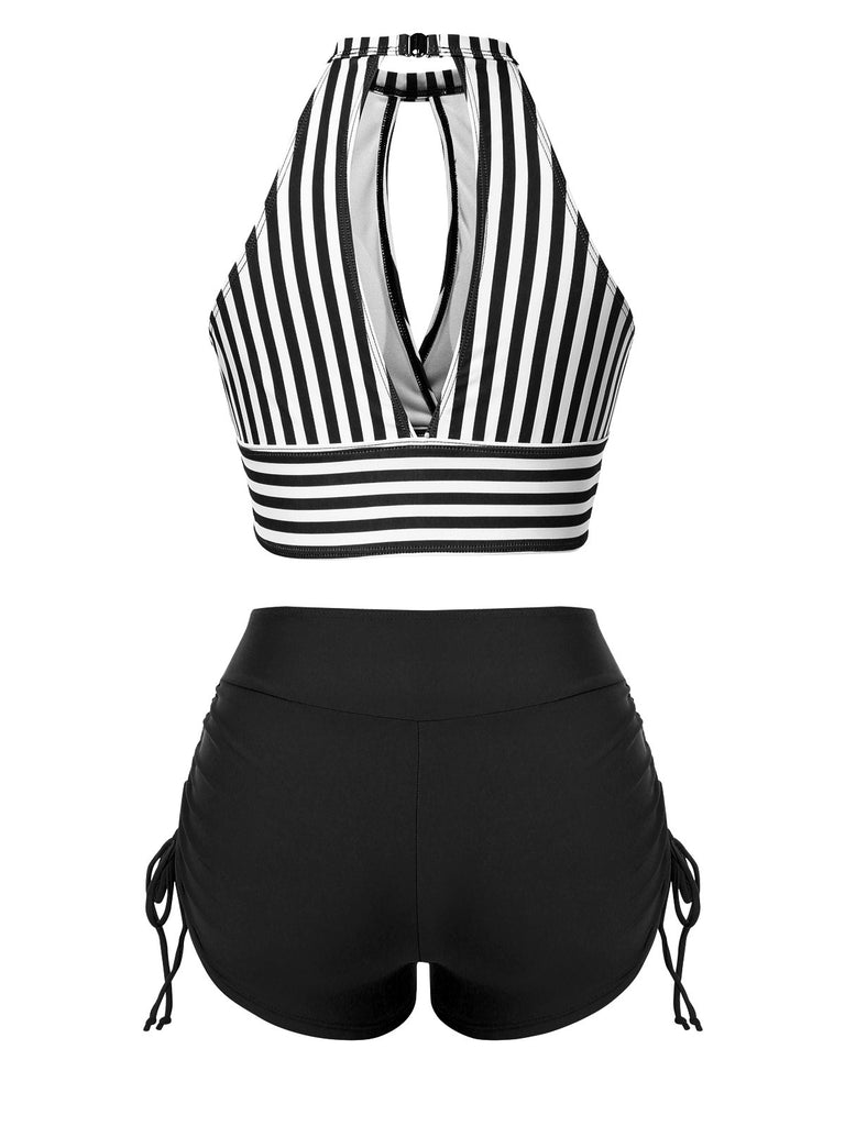 1950s Round Neck Halter Hollow Striped Swimsuit - vintage swimwear, retro beach style for women
