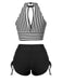 1950s Round Neck Halter Hollow Striped Swimsuit - vintage swimwear, retro beach style for women
