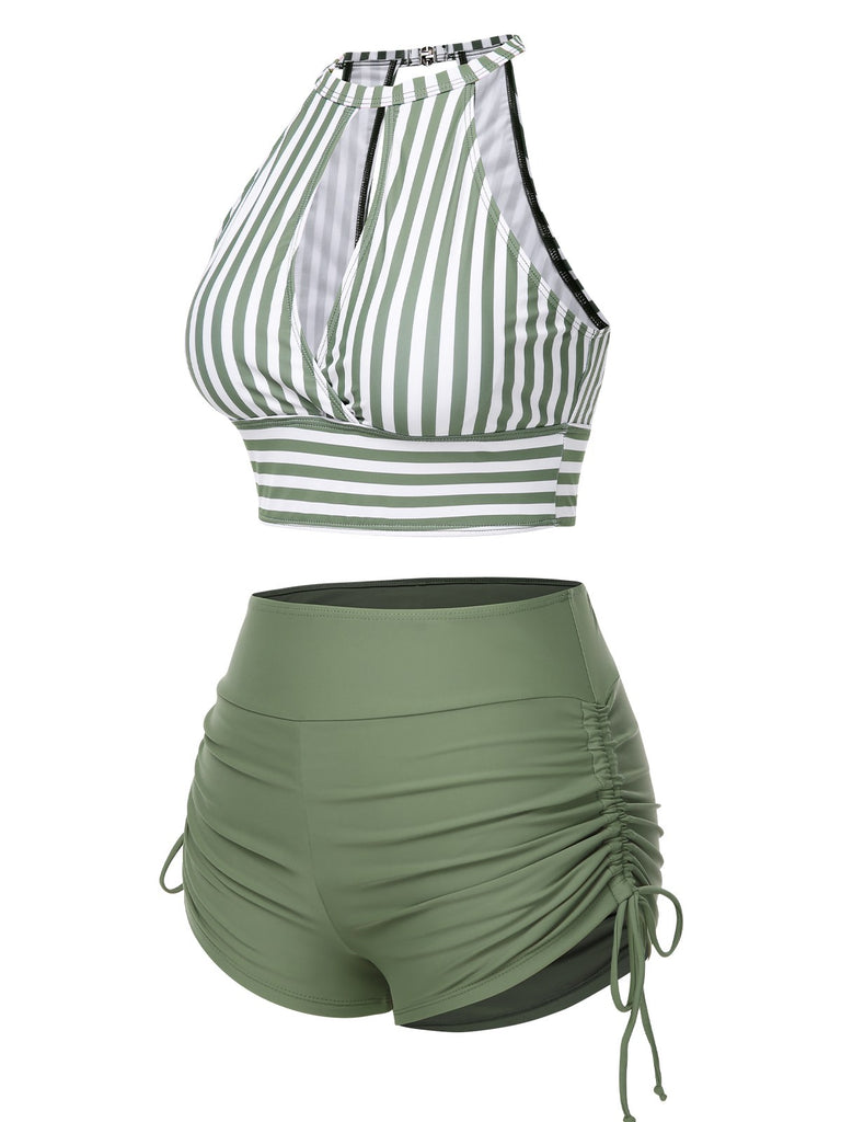 1950s Round Neck Halter Hollow Striped Swimsuit - vintage swimwear, retro beach style for women