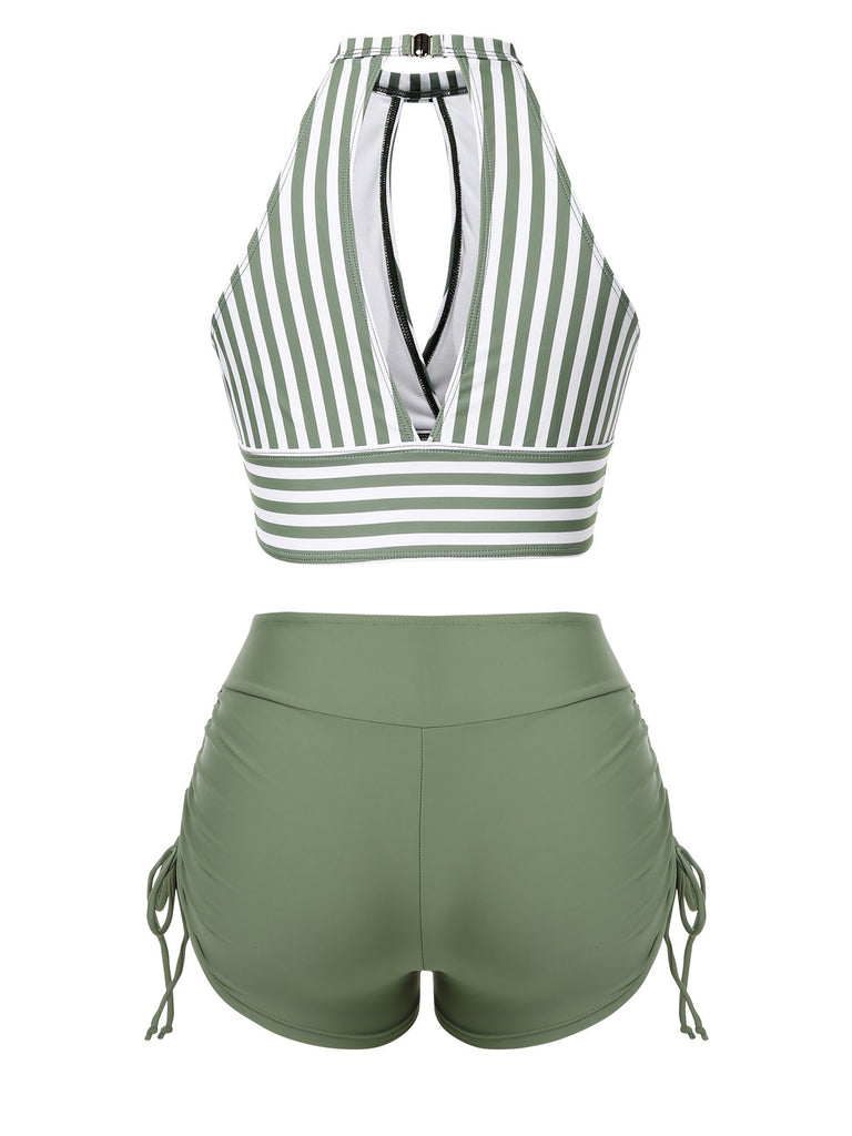 1950s Round Neck Halter Hollow Striped Swimsuit - vintage swimwear, retro beach style for women