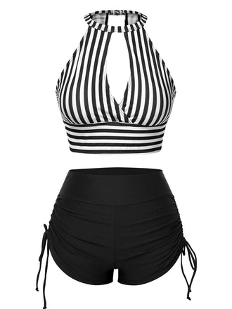 She's wearing 1950s Round Neck Halter Hollow Striped Swimsuit and the whole beach remembers the 1950s