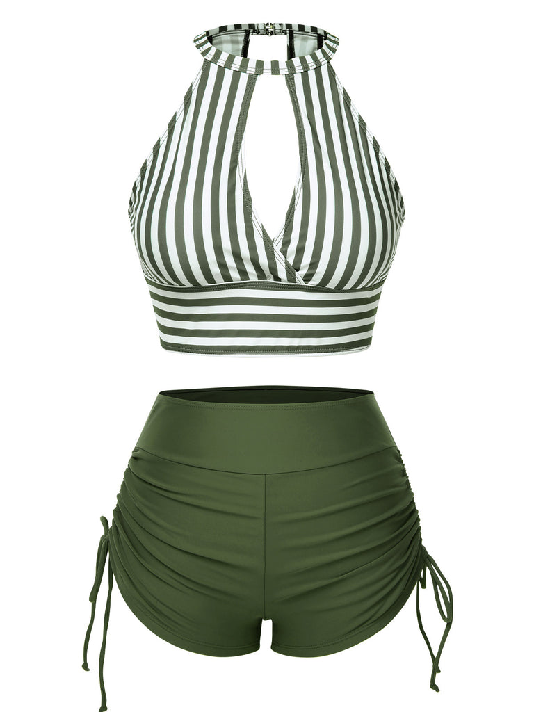 1950s Round Neck Halter Hollow Striped Swimsuit - vintage swimwear, retro beach style for women
