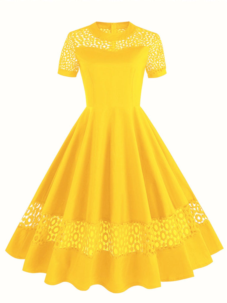 1950s Round Neck Hollow Solid Dress — a 1950s silhouette that turns sidewalks into runways