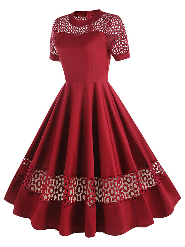1950s Round Neck Hollow Solid Dress: where 1950s romance meets her modern spirit