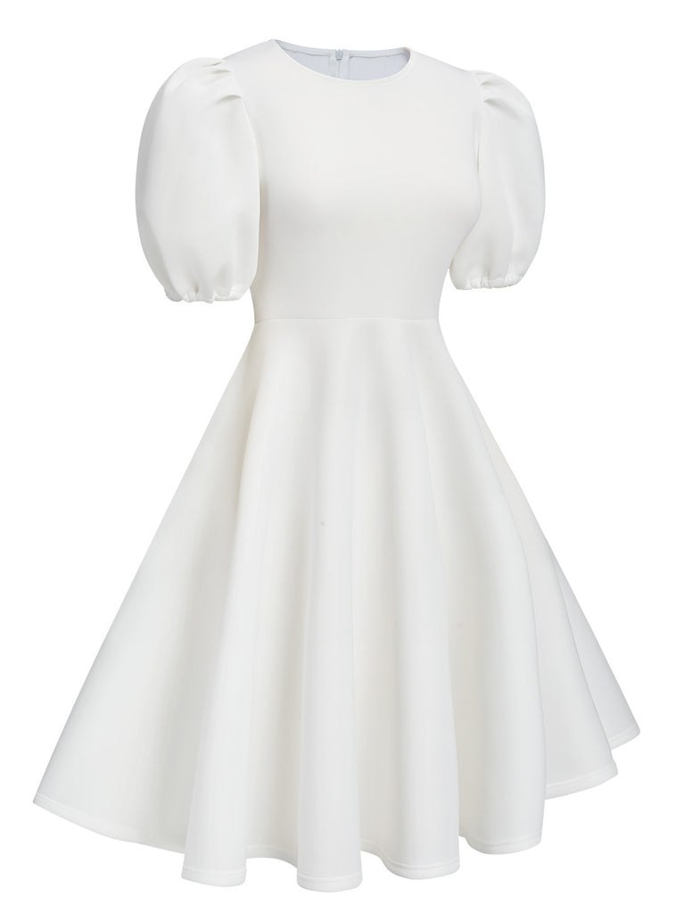 1950s Round Neck Puff Sleeve A-Line Dress: where 1950s romance meets her modern spirit