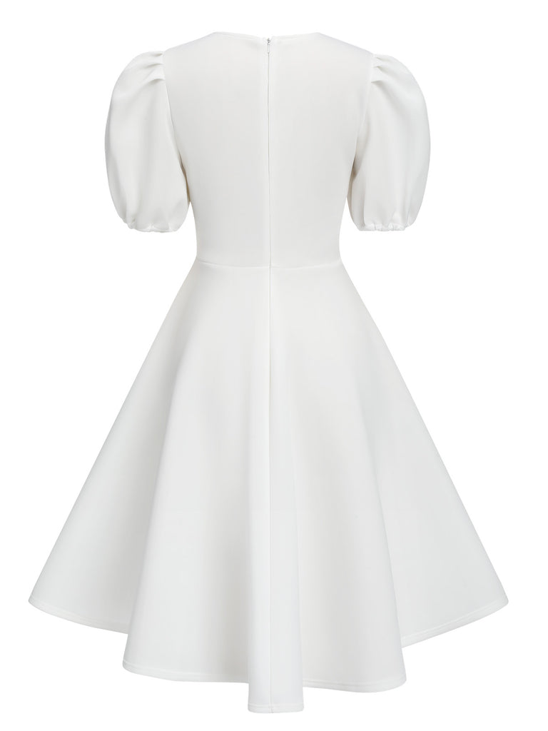 1950s Round Neck Puff Sleeve A-Line Dress