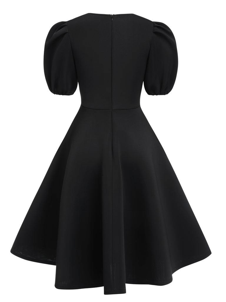 1950s Round Neck Puff Sleeve A-Line Dress