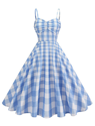 She slips into this 1950s Ruched Spaghetti Straps Gingham Plaid Dress and suddenly it's a 1950s daydream