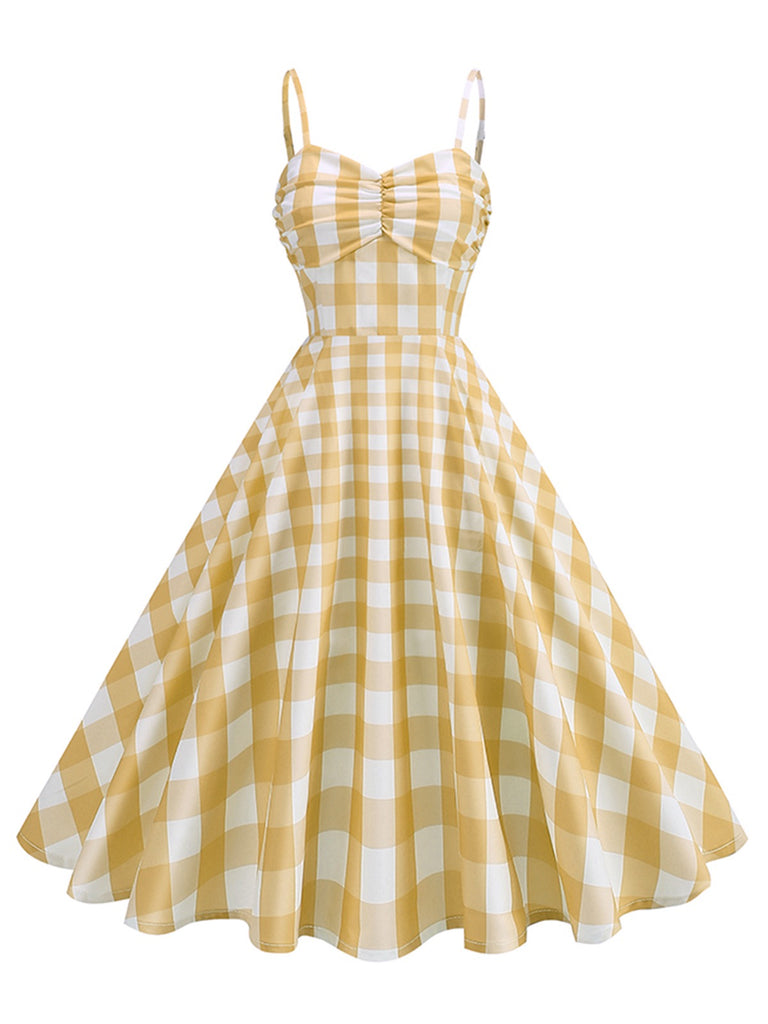 1950s Vintage Inspired Cocktail Dress Medium Length Long Length Dress Party Costume Cocktail Dress Sleeveless Halter Grid Plaid Vintage Printing