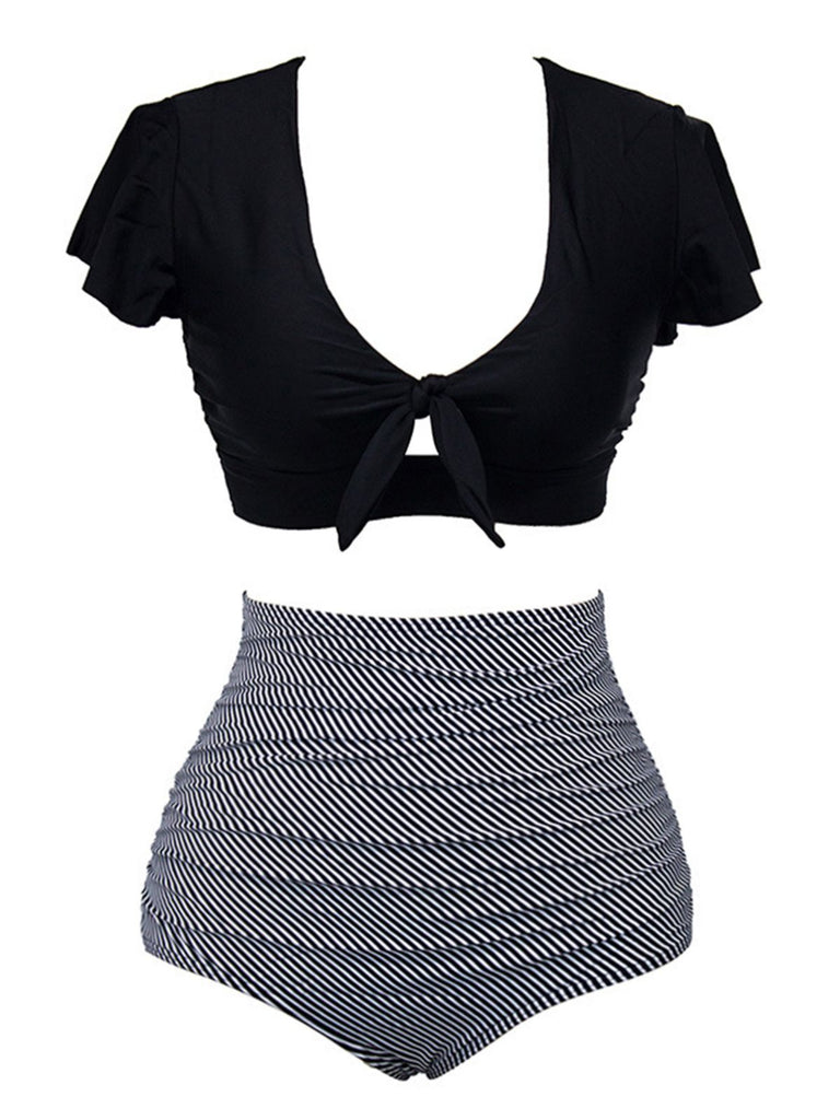 This 1950s Ruffle Sleeve Lace-Up Patchwork Swimsuit carries 1950s vacation dreams in every stitch