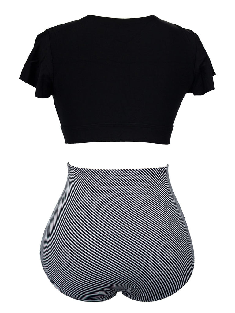 1950s Ruffle Sleeve Lace-Up Patchwork Swimsuit — because 1950s glamour never goes out of style