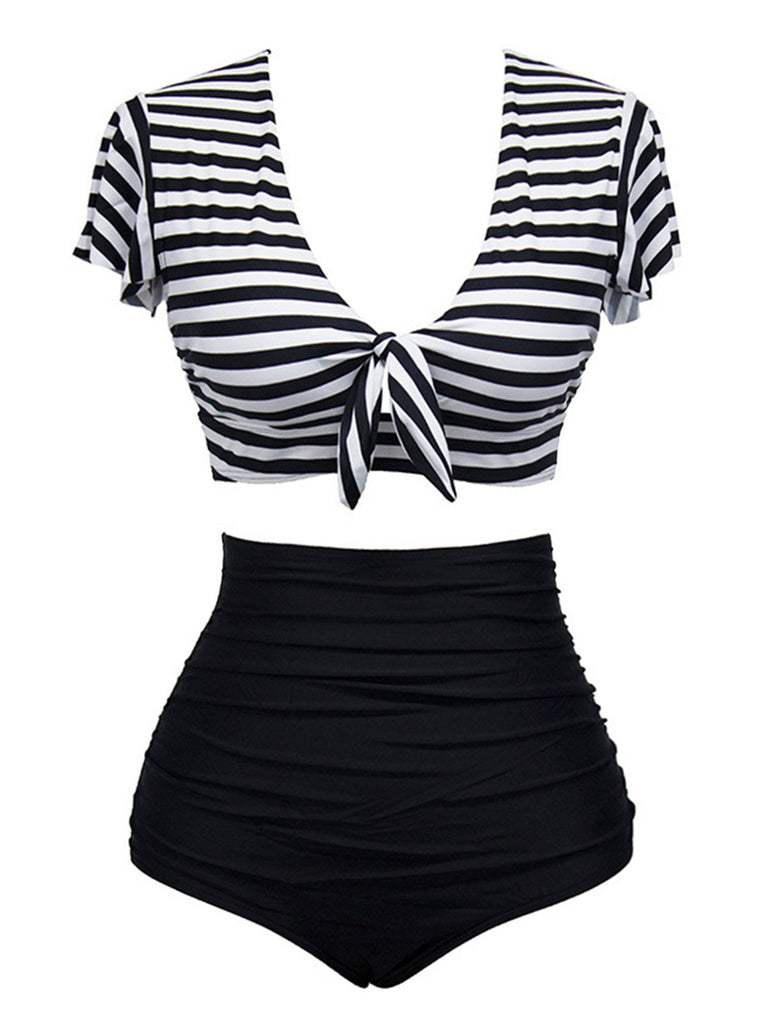 1950s Ruffle Sleeve Lace-Up Patchwork Swimsuit — 1950s poolside glamour meets sun-drenched confidence
