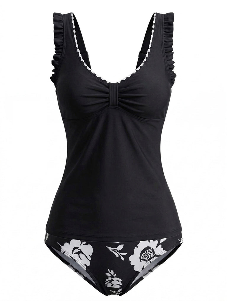 1950s Ruffle Strap Twist Front Floral Tankini Set, vintage fashion, retro style - perfect for women who love vintage and retro fashion