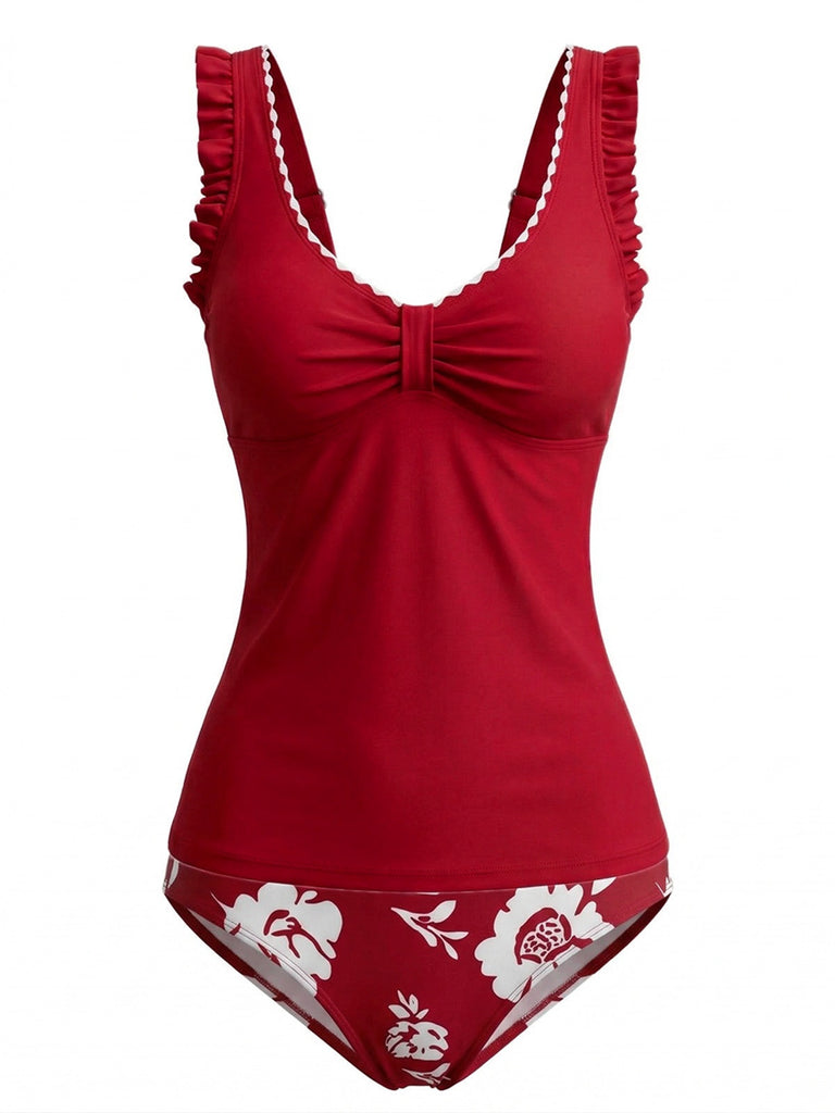 1950s Ruffle Strap Twist Front Floral Tankini Set, vintage fashion, retro style - perfect for women who love vintage and retro fashion