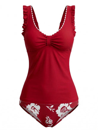1950s Ruffle Strap Twist Front Floral Tankini Set, vintage fashion, retro style - perfect for women who love vintage and retro fashion