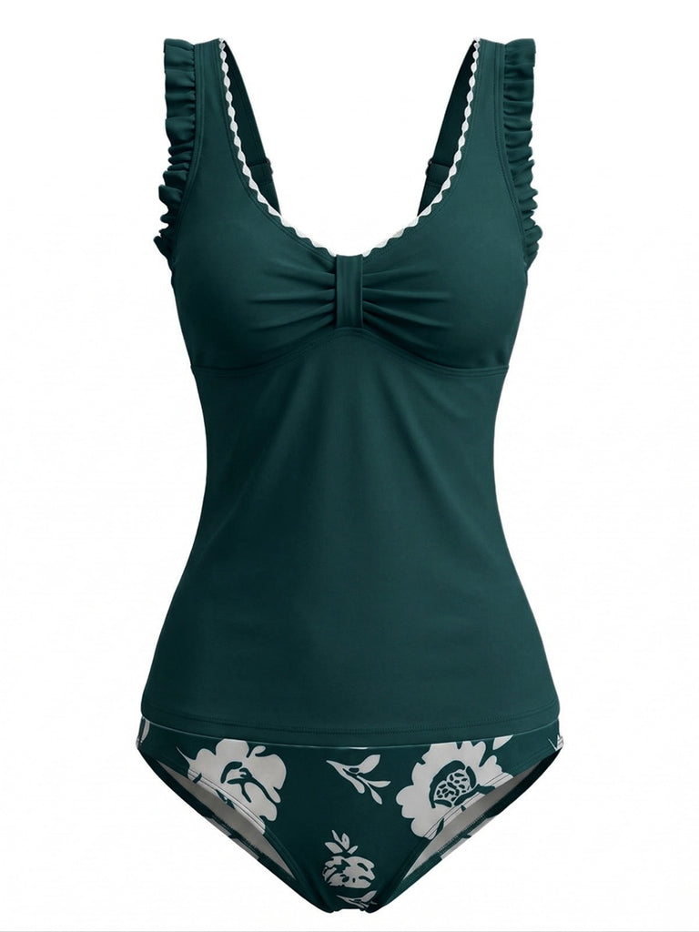 Red Ruffle Tankini 1950s Ruffle Strap Floral Ruched Tankini Set | Retro Stage