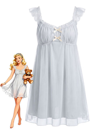 1950s Ruffled Mesh Bow Babydoll Nightgown, vintage fashion, retro style, rockabilly, pin-up fashion - vintage inspired fashion