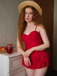 Red 1950s Ruffled Ruched Tiered One-Piece Swimsuit, vintage swimsuit, pin-up swimwear - perfect for women who love vintage and retro fashion
