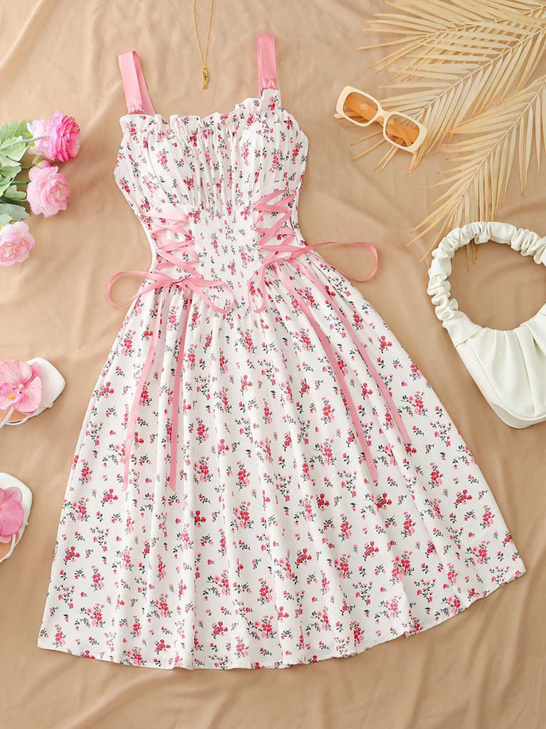 Blue 1950s Ruffled Square Neck Sleeveless Floral Swing Dress
