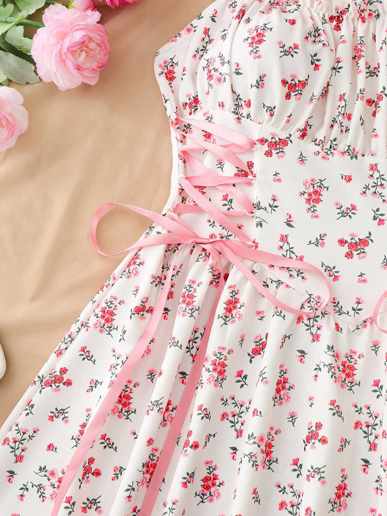 Blue 1950s Ruffled Square Neck Sleeveless Floral Swing Dress