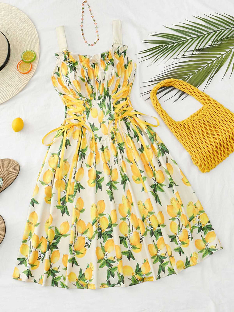 Blue 1950s Ruffled Square Neck Sleeveless Floral Swing Dress