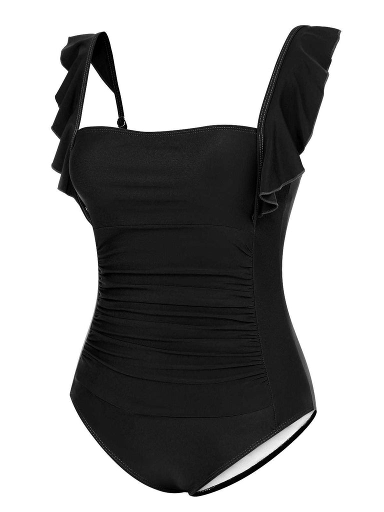 1950s Ruffles Backless Solid One-Piece Swimsuit — 1950s poolside glamour meets sun-drenched confidence