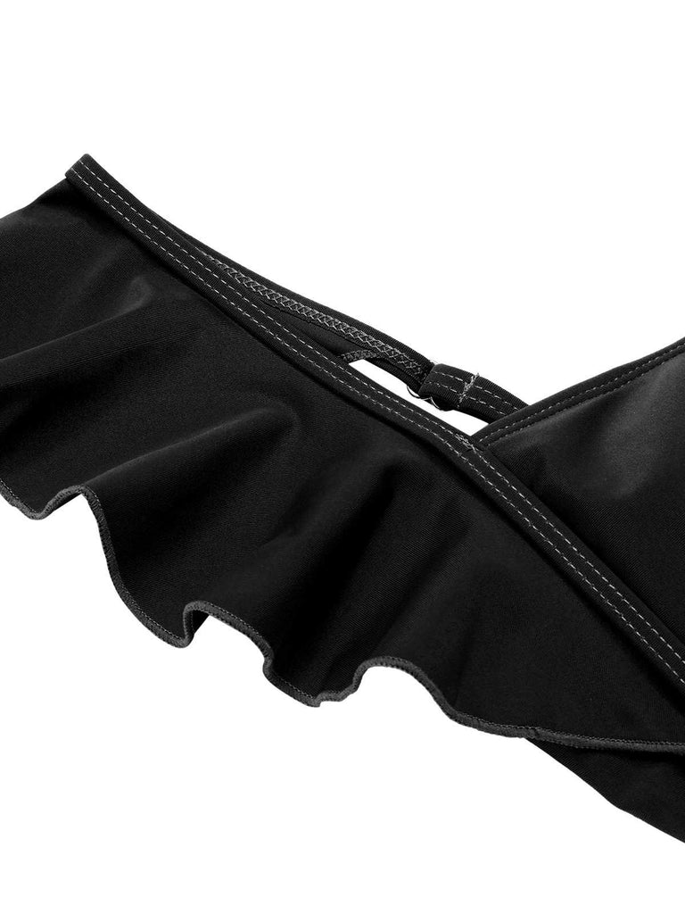 1950s Ruffles Backless Solid One-Piece Swimsuit: 1950s Riviera elegance, reimagined for her