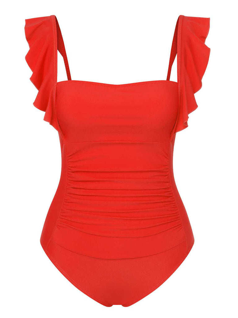 This 1950s Ruffles Backless Solid One-Piece Swimsuit carries 1950s vacation dreams in every stitch