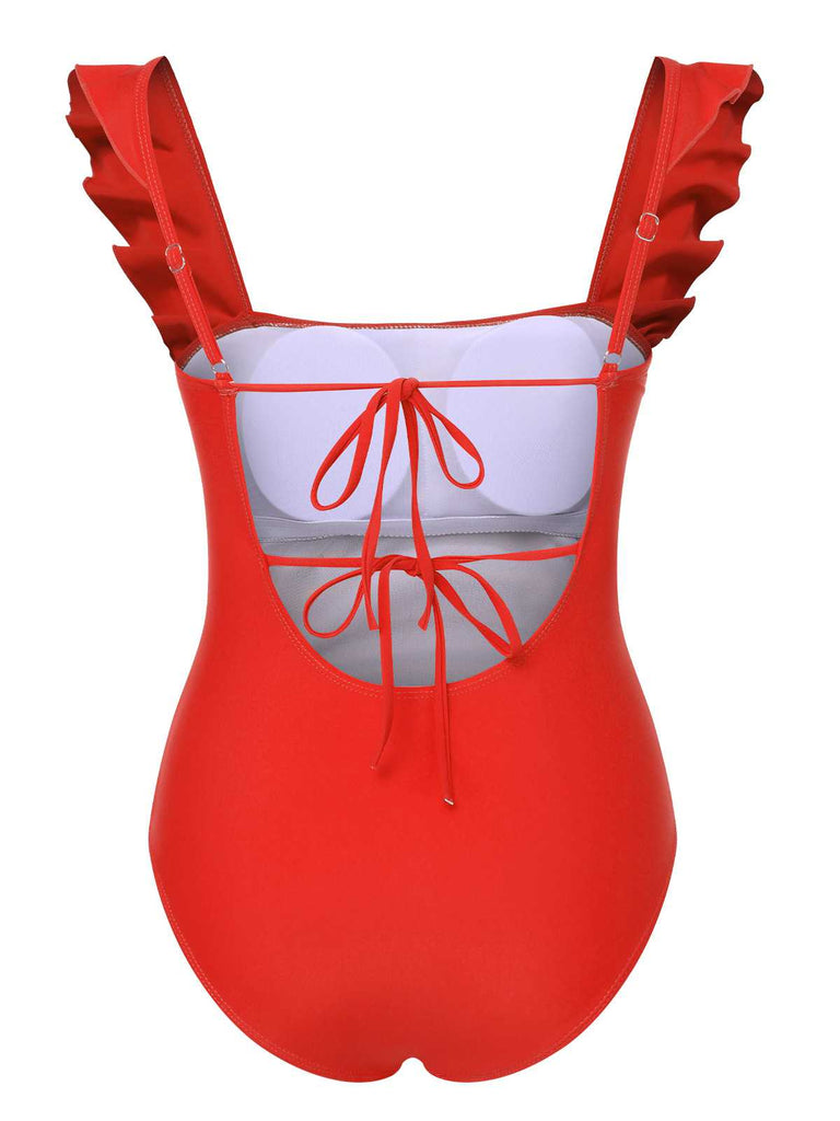 1950s Ruffles Backless Solid One-Piece Swimsuit — 1950s poolside glamour meets sun-drenched confidence