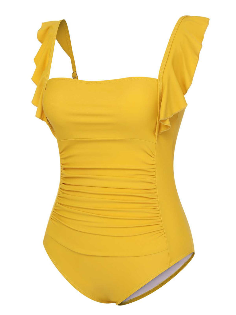 1950s Ruffles Backless Solid One-Piece Swimsuit: 1950s Riviera elegance, reimagined for her