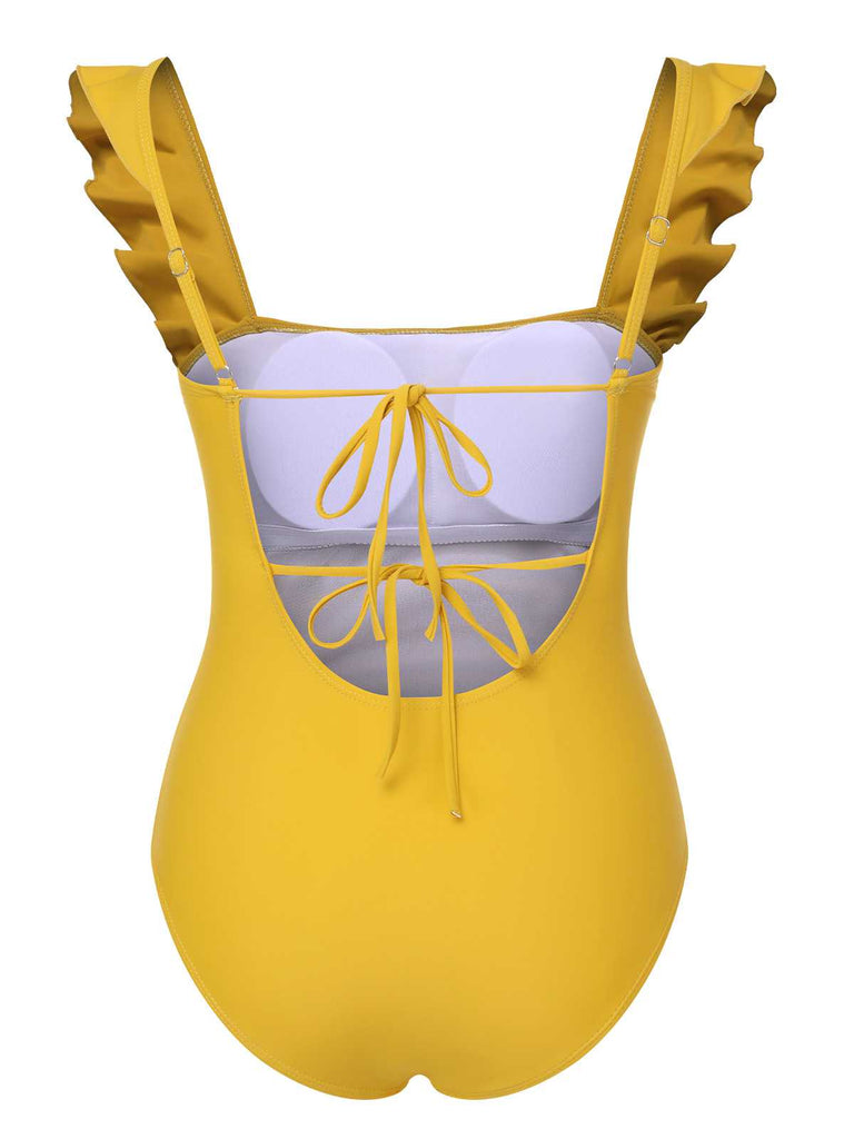 This 1950s Ruffles Backless Solid One-Piece Swimsuit carries 1950s vacation dreams in every stitch