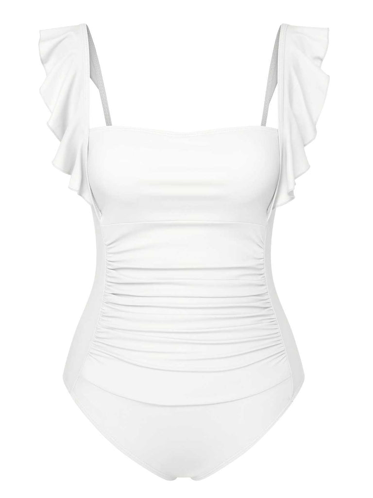 1950s Ruffles Backless Solid One-Piece Swimsuit — 1950s poolside glamour meets sun-drenched confidence
