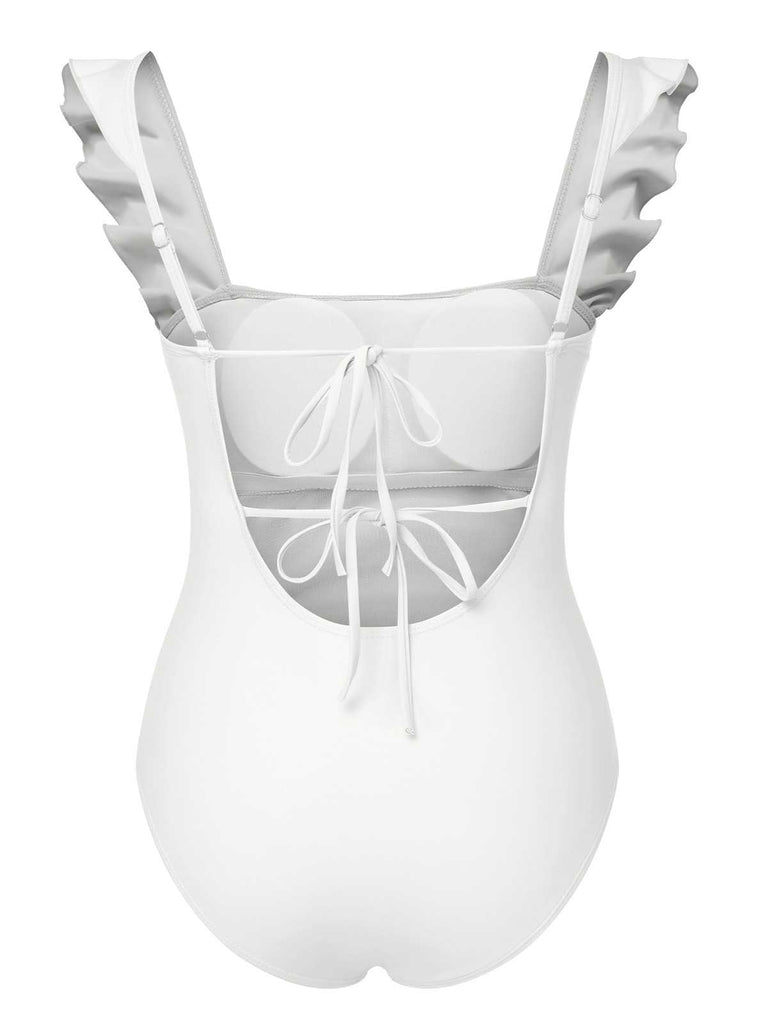 1950s Ruffles Backless Solid One-Piece Swimsuit: 1950s Riviera elegance, reimagined for her