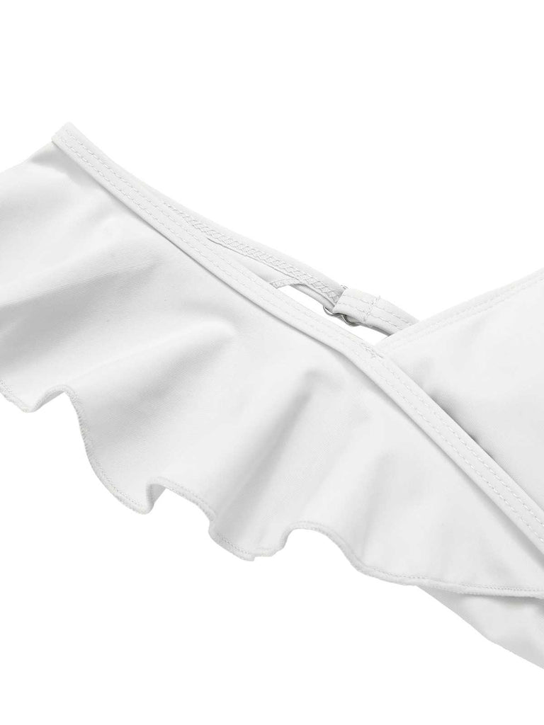 This 1950s Ruffles Backless Solid One-Piece Swimsuit carries 1950s vacation dreams in every stitch