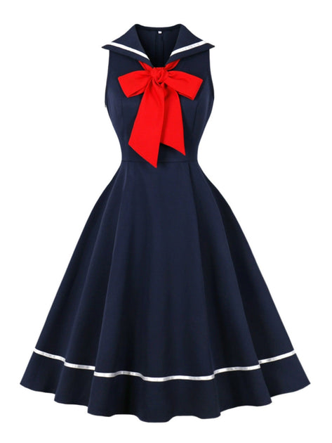 1950s Sailor Red Bow Sleeveless Swing Dress